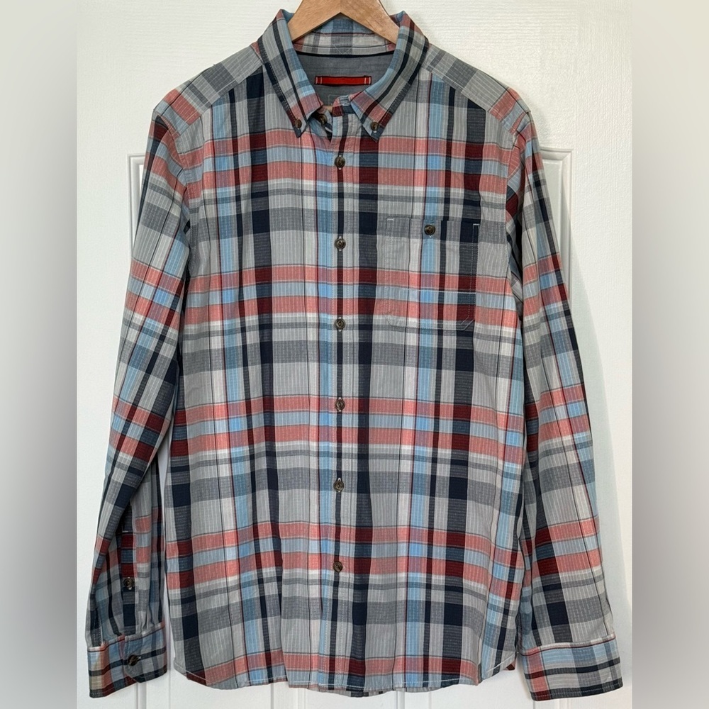 NWOT The North Face Plaid Button-Down Shirt L Red Gray Blue w Hidden Neck Pocket